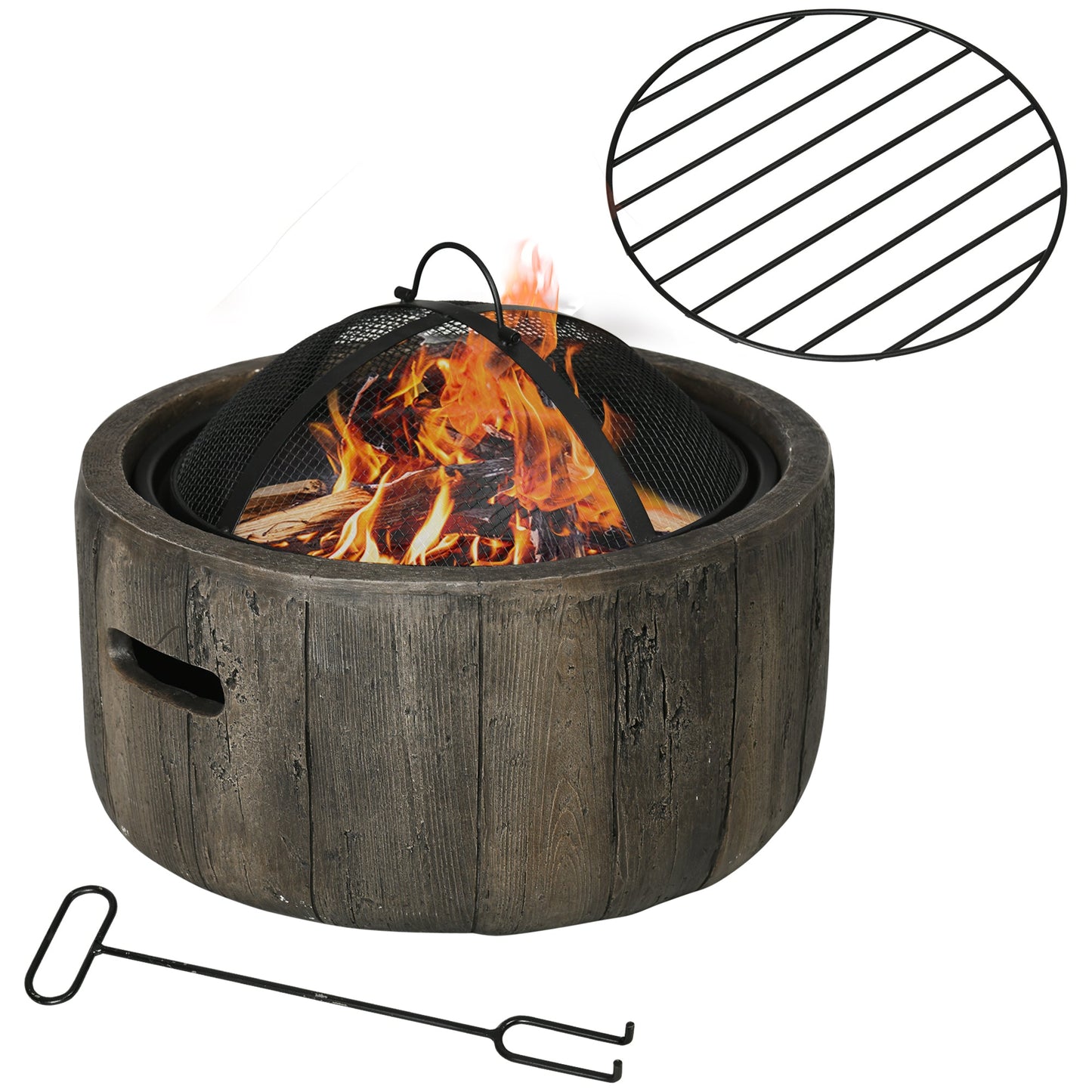 '-Outsunny Outdoor Fire Pit with Stump Effect, 18-inch Wood-burning Brazier Fireplace with Spark Screen & Poker for Backyard Camping Bonfire, Dark Brown - Outdoor Style Company