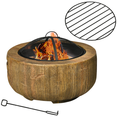 -Outsunny Outdoor Fire Pit with Stump Effect, 24-inch Wood-burning Brazier Fireplace with Spark Screen and Poker for Backyard Camping Bonfire - Outdoor Style Company