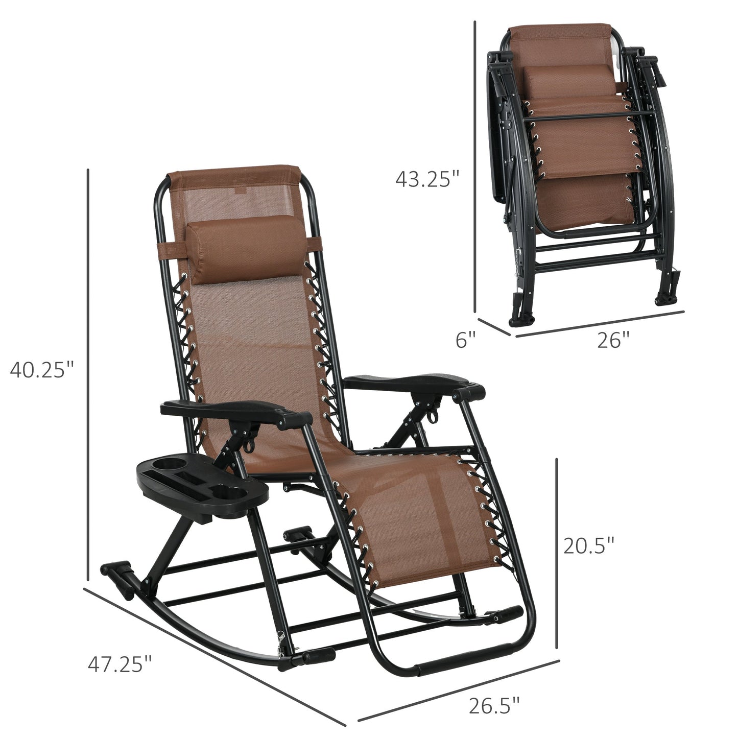 '-Outsunny Outdoor Foldable Rocking Chair Sets, Reclining Zero Gravity Lounge Rocker w/ Pillow, Cup & Phone Holder, Brown - Outdoor Style Company