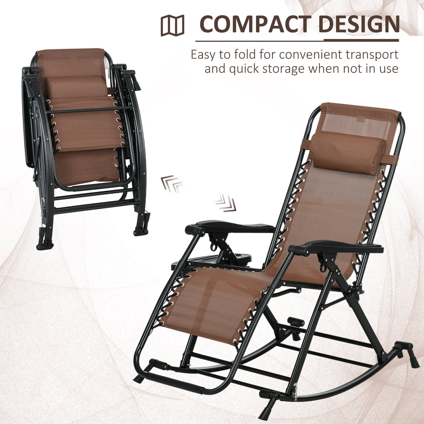 '-Outsunny Outdoor Foldable Rocking Chair Sets, Reclining Zero Gravity Lounge Rocker w/ Pillow, Cup & Phone Holder, Brown - Outdoor Style Company