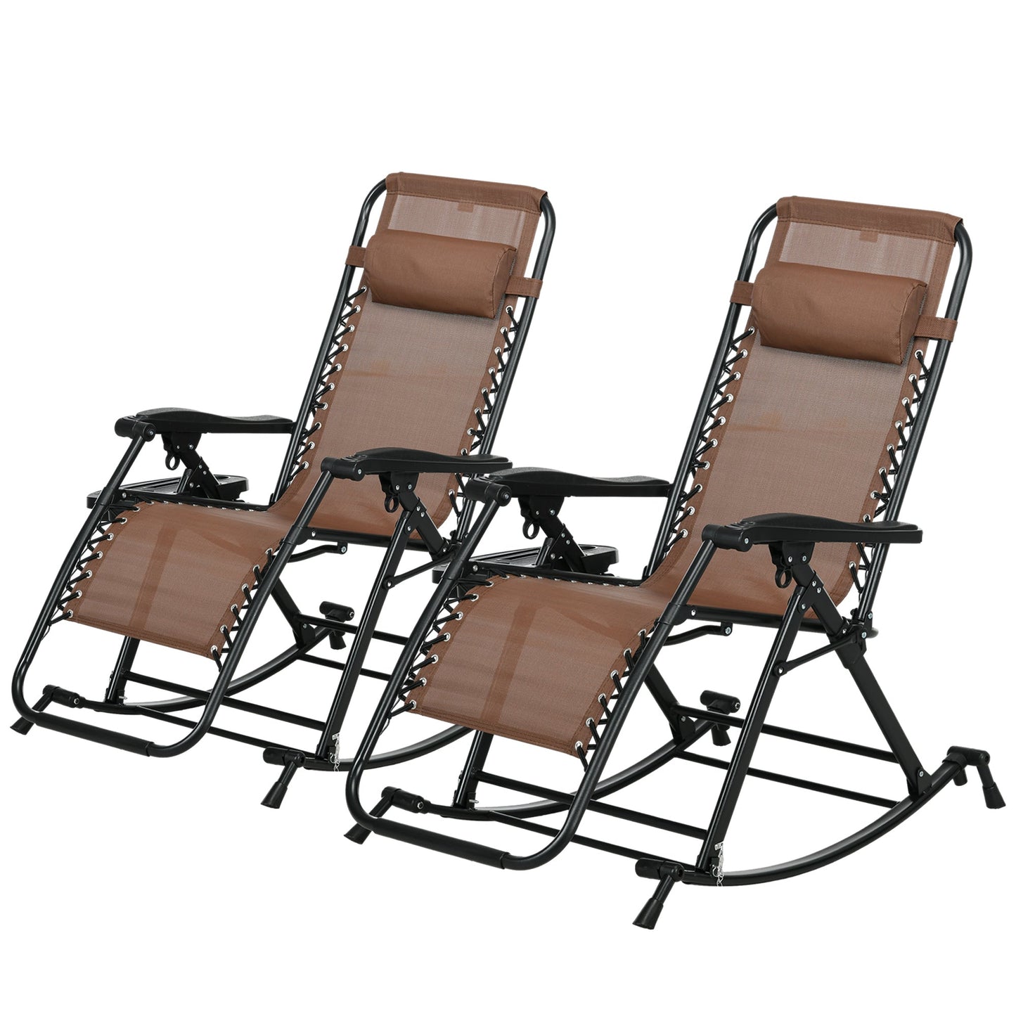 '-Outsunny Outdoor Foldable Rocking Chair Sets, Reclining Zero Gravity Lounge Rocker w/ Pillow, Cup & Phone Holder, Brown - Outdoor Style Company