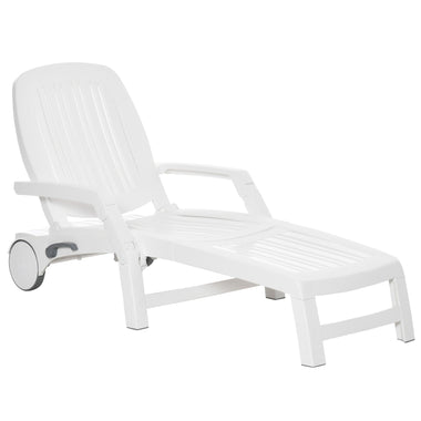 -Outsunny Outdoor Folding Chaise Lounge Chair on Wheels, Patio Sun Lounger Recliner with Storage Box & 5-Position Backrest for Garden, Beach, White - Outdoor Style Company