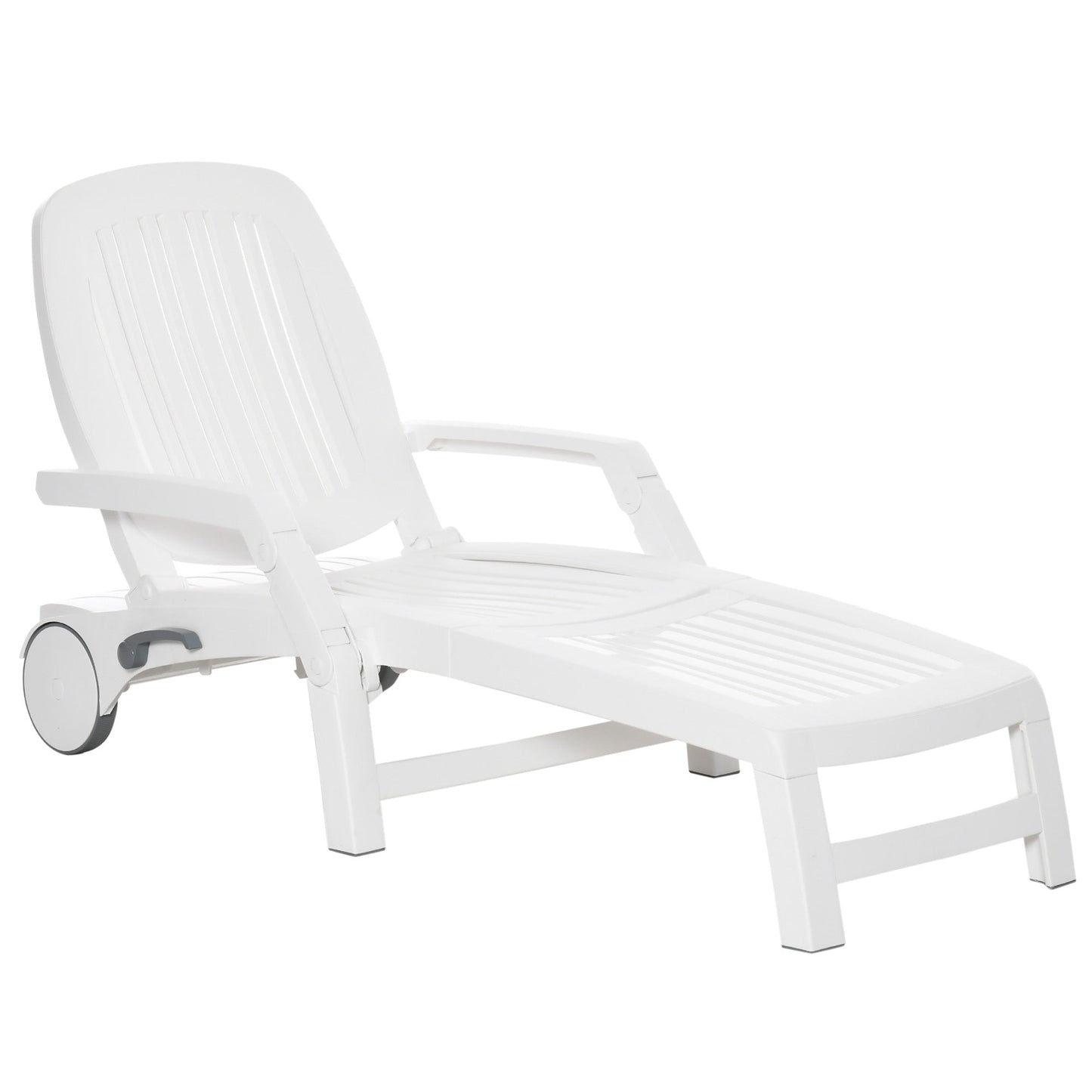 '-Outsunny Outdoor Folding Chaise Lounge Chair on Wheels, Patio Sun Lounger Recliner with Storage Box & 5-Position Backrest for Garden, Beach, White - Outdoor Style Company