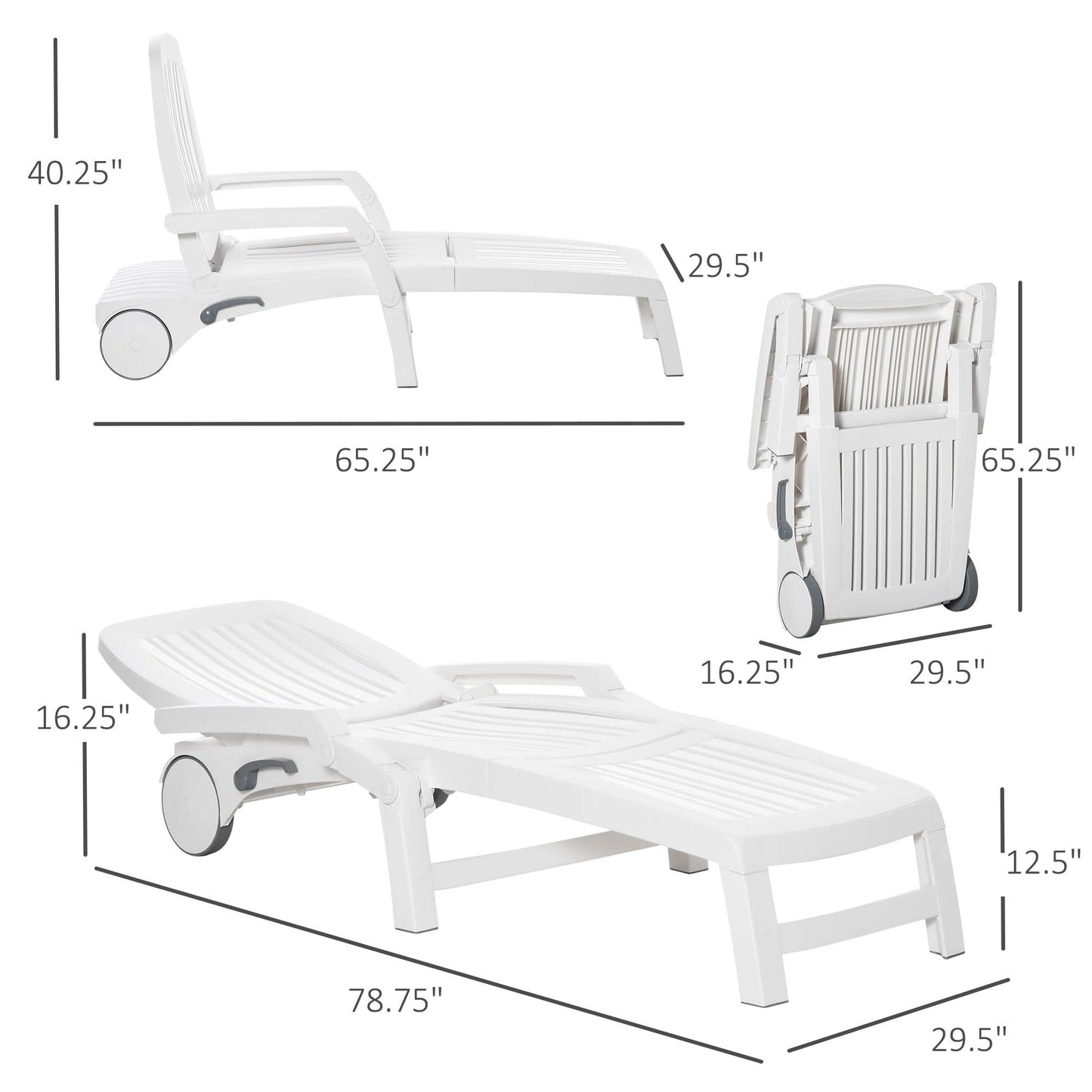 '-Outsunny Outdoor Folding Chaise Lounge Chair on Wheels, Patio Sun Lounger Recliner with Storage Box & 5-Position Backrest for Garden, Beach, White - Outdoor Style Company