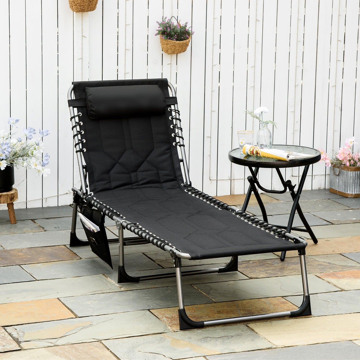 '-Outsunny Outdoor Folding Chaise Lounge Chair, Portable Lightweight Reclining Garden Sun-Bathing Lounger with 5-Level Adjustable Backrest, Pillow - Outdoor Style Company