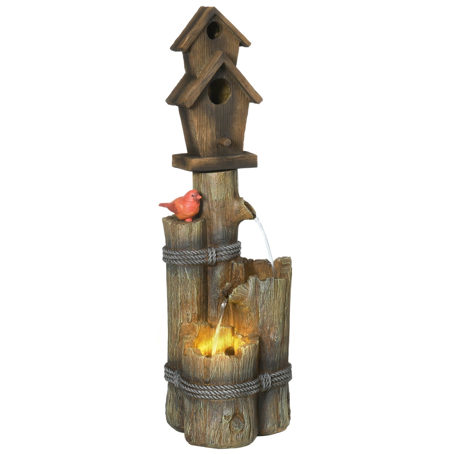 '-Outsunny Outdoor Fountain with Birdhouse, Cascading Garden Waterfall Bird Bath with 3-Tier Rustic Tree Trunk & LED Lights for Porch, Deck, Yard, Brown - Outdoor Style Company