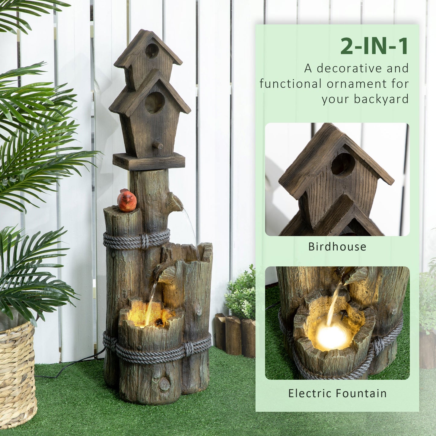 '-Outsunny Outdoor Fountain with Birdhouse, Cascading Garden Waterfall Bird Bath with 3-Tier Rustic Tree Trunk & LED Lights for Porch, Deck, Yard, Brown - Outdoor Style Company