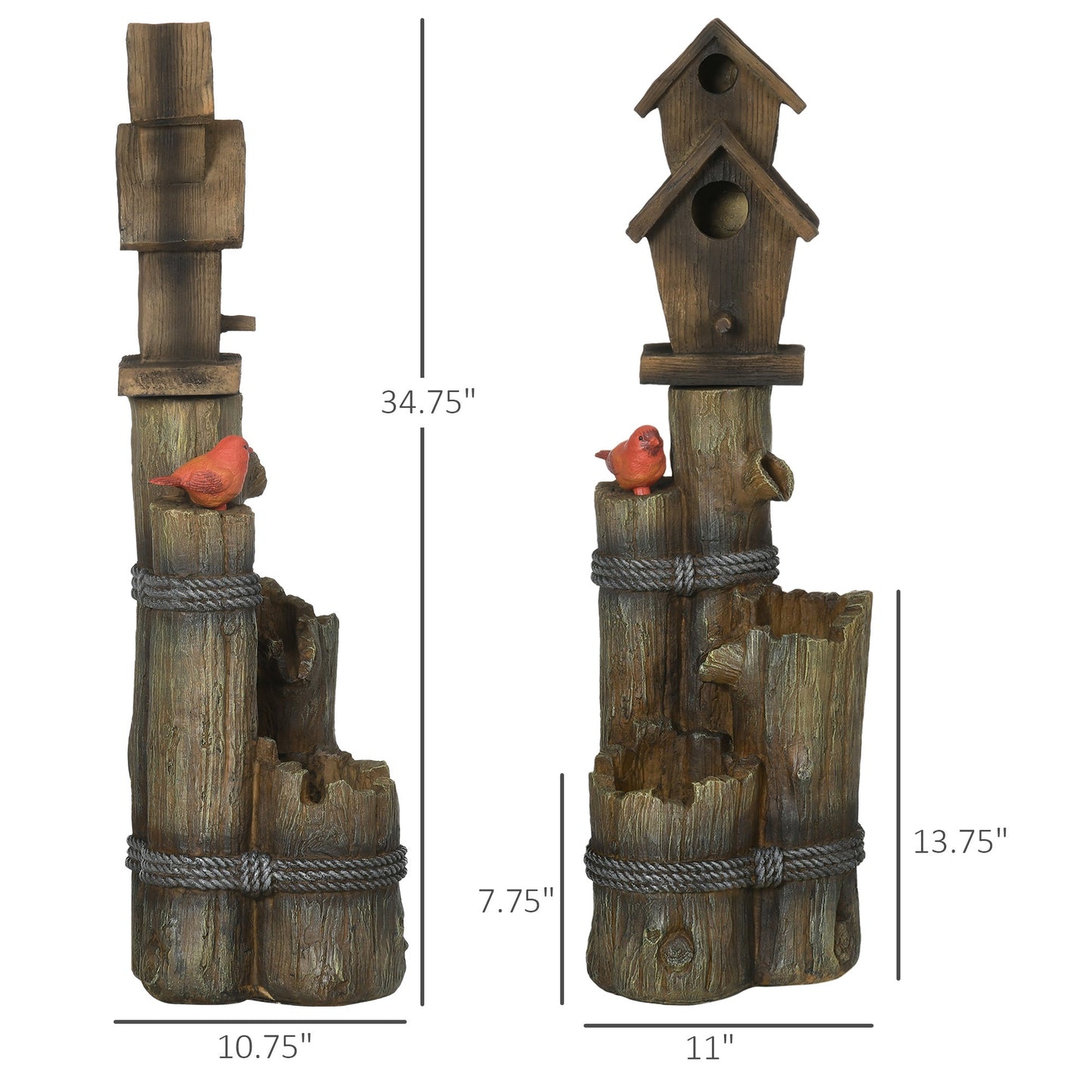 '-Outsunny Outdoor Fountain with Birdhouse, Cascading Garden Waterfall Bird Bath with 3-Tier Rustic Tree Trunk & LED Lights for Porch, Deck, Yard, Brown - Outdoor Style Company