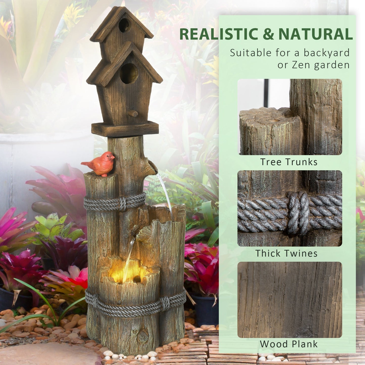 '-Outsunny Outdoor Fountain with Birdhouse, Cascading Garden Waterfall Bird Bath with 3-Tier Rustic Tree Trunk & LED Lights for Porch, Deck, Yard, Brown - Outdoor Style Company