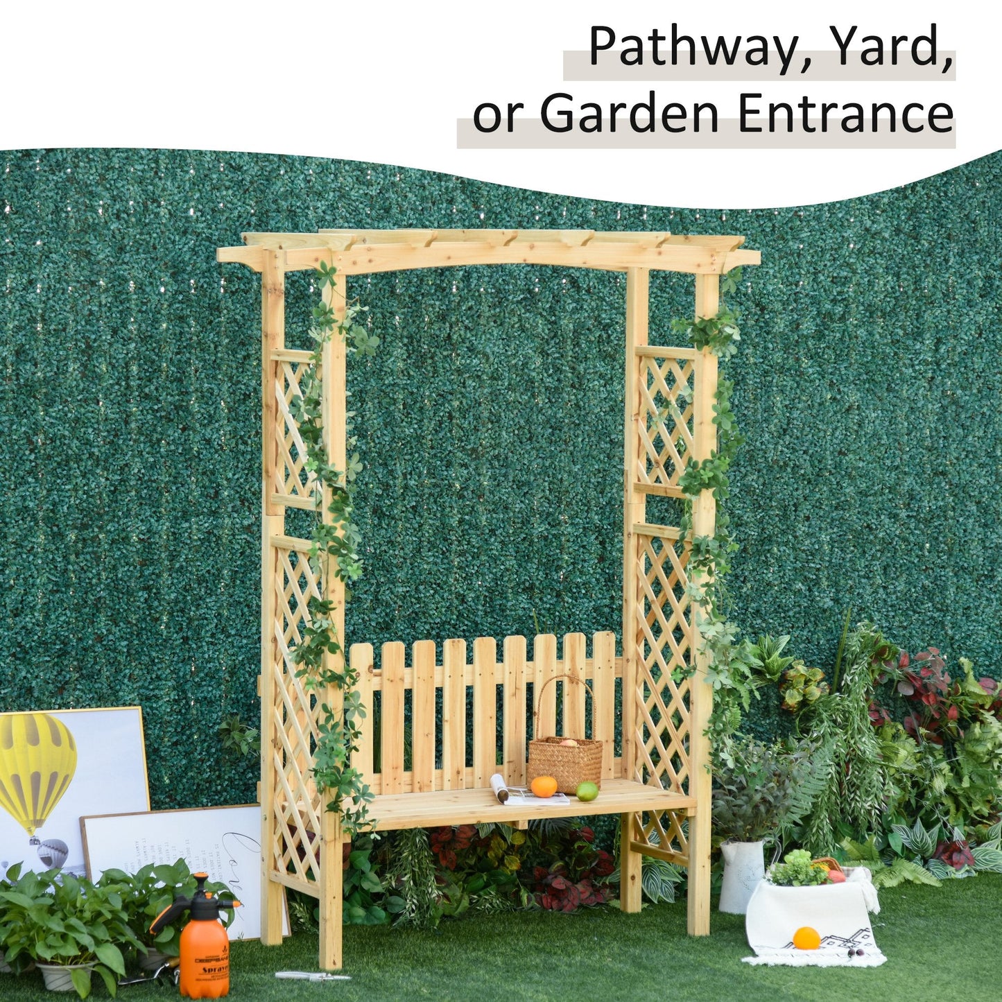 '-Outsunny Outdoor Garden Bench Arch Pergola with Natural Fir Wood Build, Protective Varnish, & 2 Person Ergonomic Bench - Outdoor Style Company