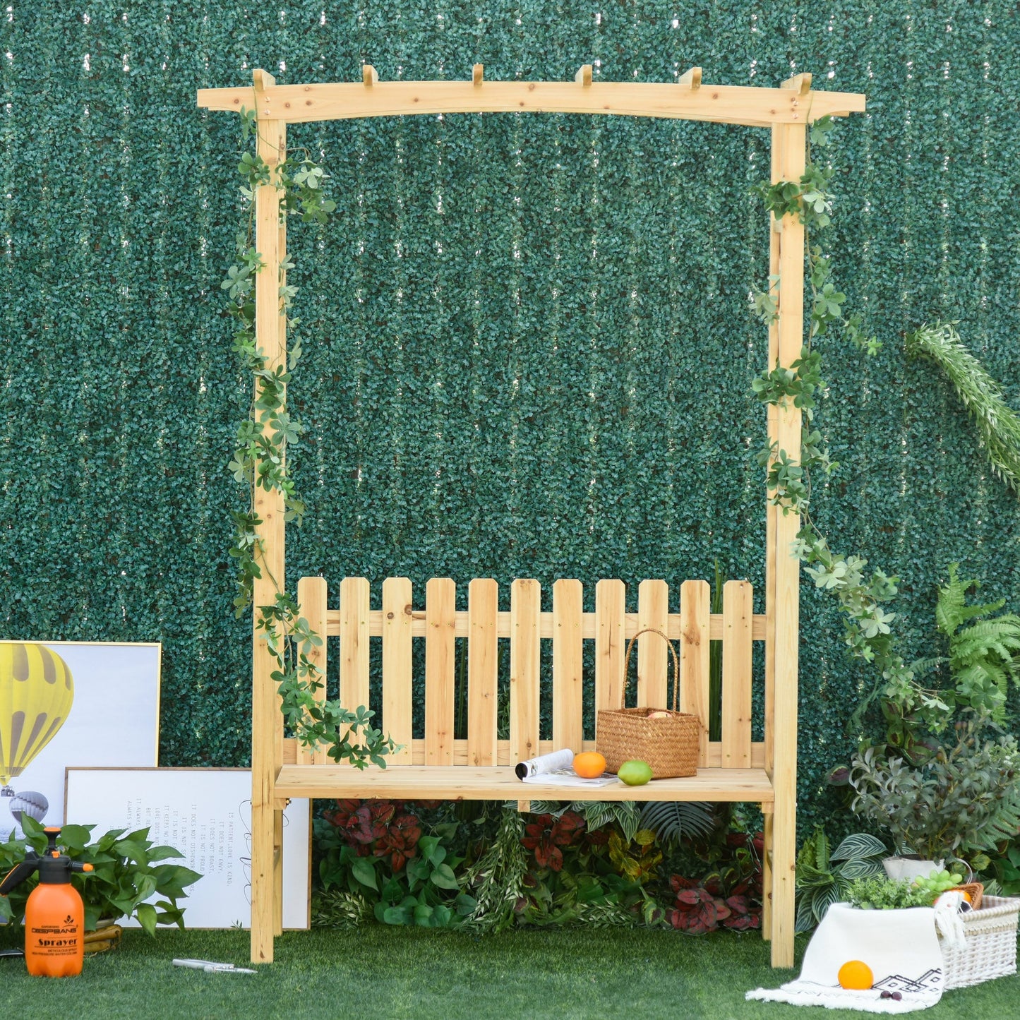 '-Outsunny Outdoor Garden Bench Arch Pergola with Natural Fir Wood Build, Protective Varnish, & 2 Person Ergonomic Bench - Outdoor Style Company