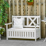 '-Outsunny Outdoor Garden Storage Bench 2 Seater Deck Storage Bench With Beautiful Design, Louvered Side Panels & Solid Wood Build, White - Outdoor Style Company