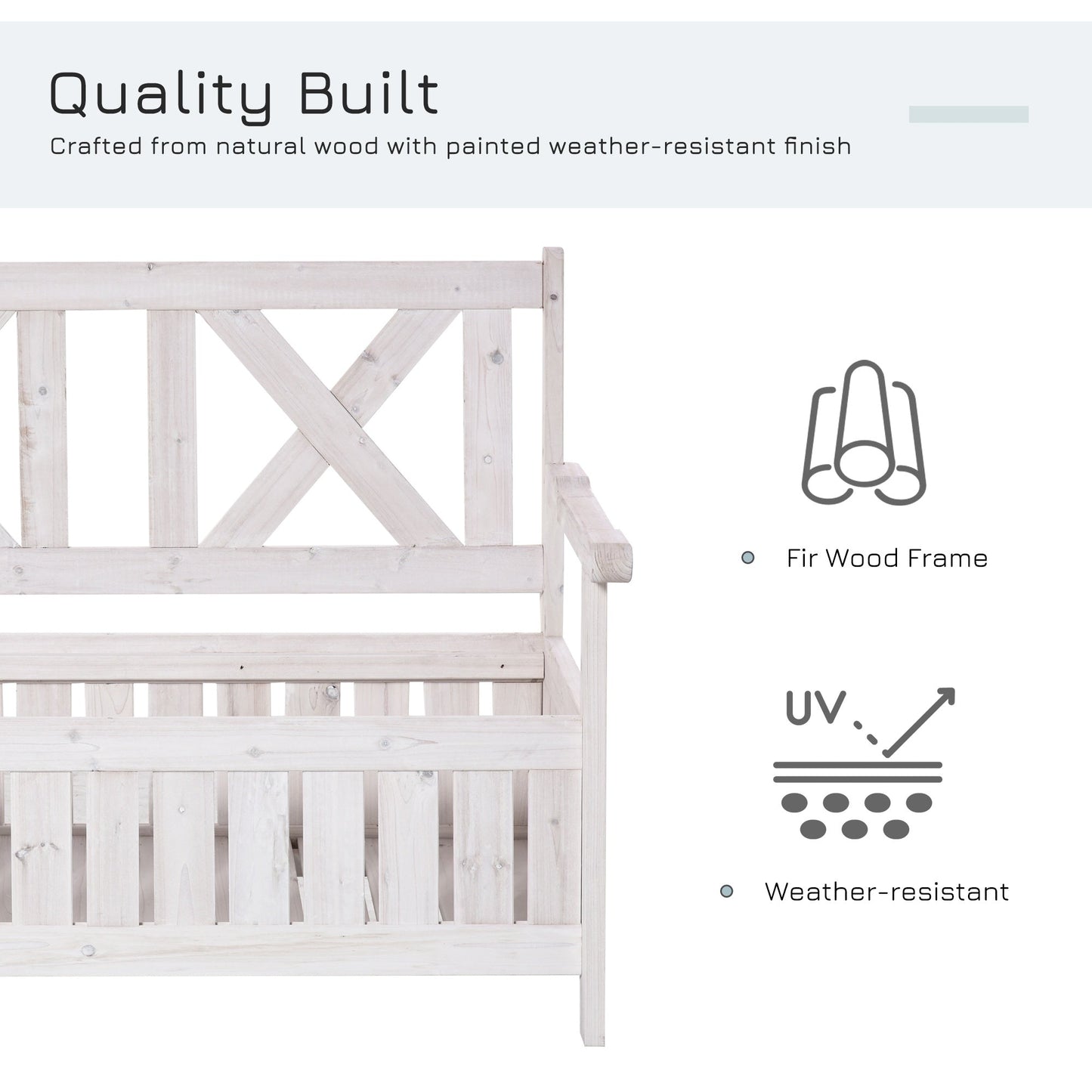 '-Outsunny Outdoor Garden Storage Bench 2 Seater Deck Storage Bench With Beautiful Design, Louvered Side Panels & Solid Wood Build, White - Outdoor Style Company