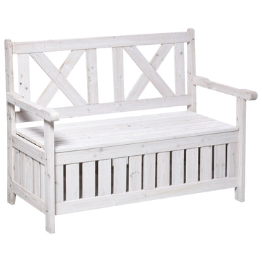 -Outsunny Outdoor Garden Storage Bench 2 Seater Deck Storage Bench With Beautiful Design, Louvered Side Panels & Solid Wood Build, White - Outdoor Style Company
