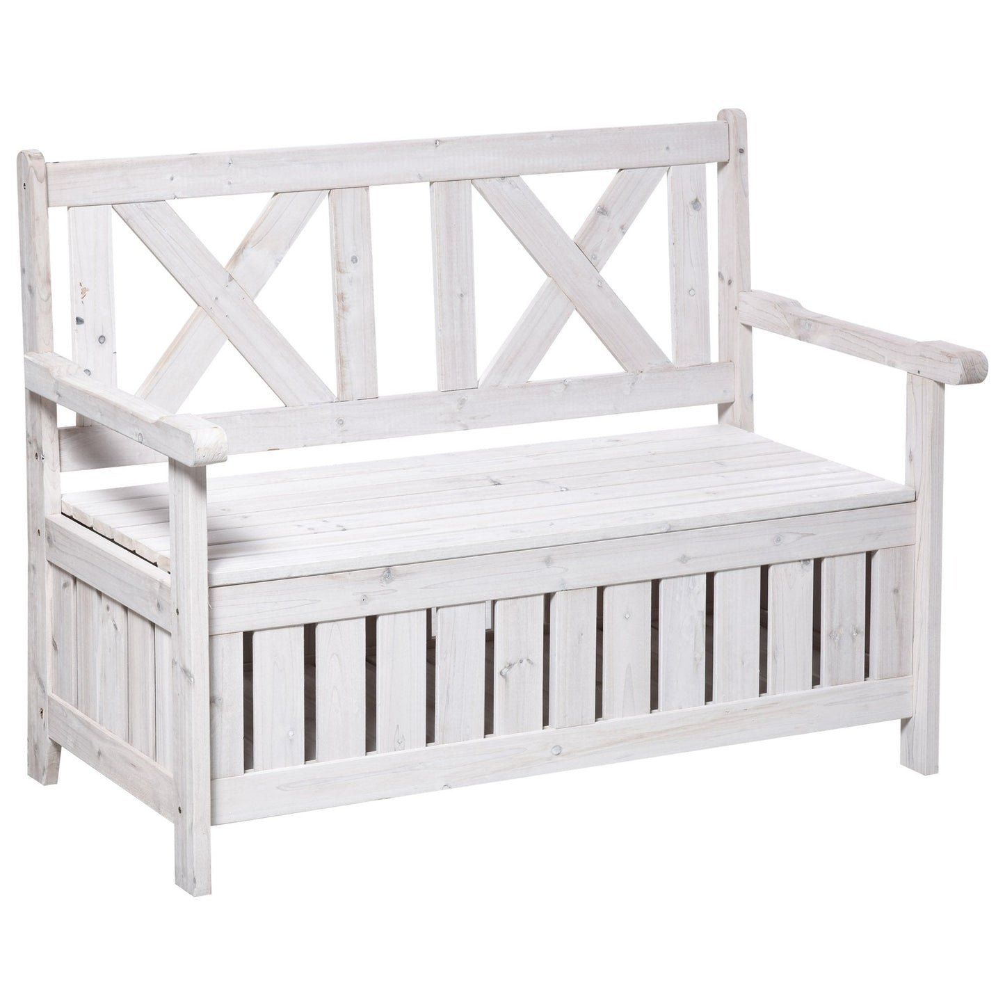 '-Outsunny Outdoor Garden Storage Bench 2 Seater Deck Storage Bench With Beautiful Design, Louvered Side Panels & Solid Wood Build, White - Outdoor Style Company