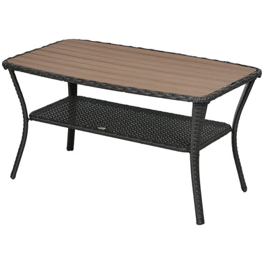 Coffee Tables - Outsunny Outdoor Patio PE Rattan Coffee Table with Storage Shelf, Wicker Side Table with Wood - plastic Composite Top, Mixed Brown - Outdoor Style Company