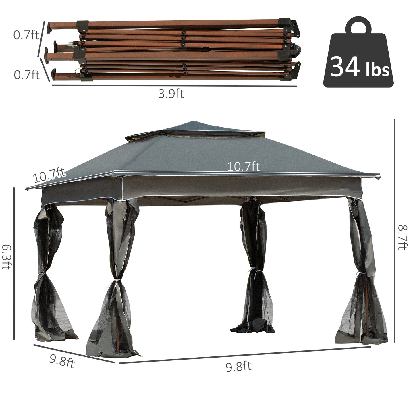 '-Outsunny Outdoor Patio Pop Up Canopy Gazebo Shelter with Zipper Netting, Carry Bag, 10.7'x10.7'x8.9', Dark Gray - Outdoor Style Company