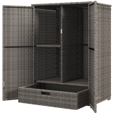 Stationary Bins - Outsunny Outdoor PE Rattan Wicker Towel Rack, Pool Toy Cabinet, Hot Tub Accessory Storage, Freestanding Cabinet w/ 2 Doors & Drawer for Spa, Dark Gray - Outdoor Style Company