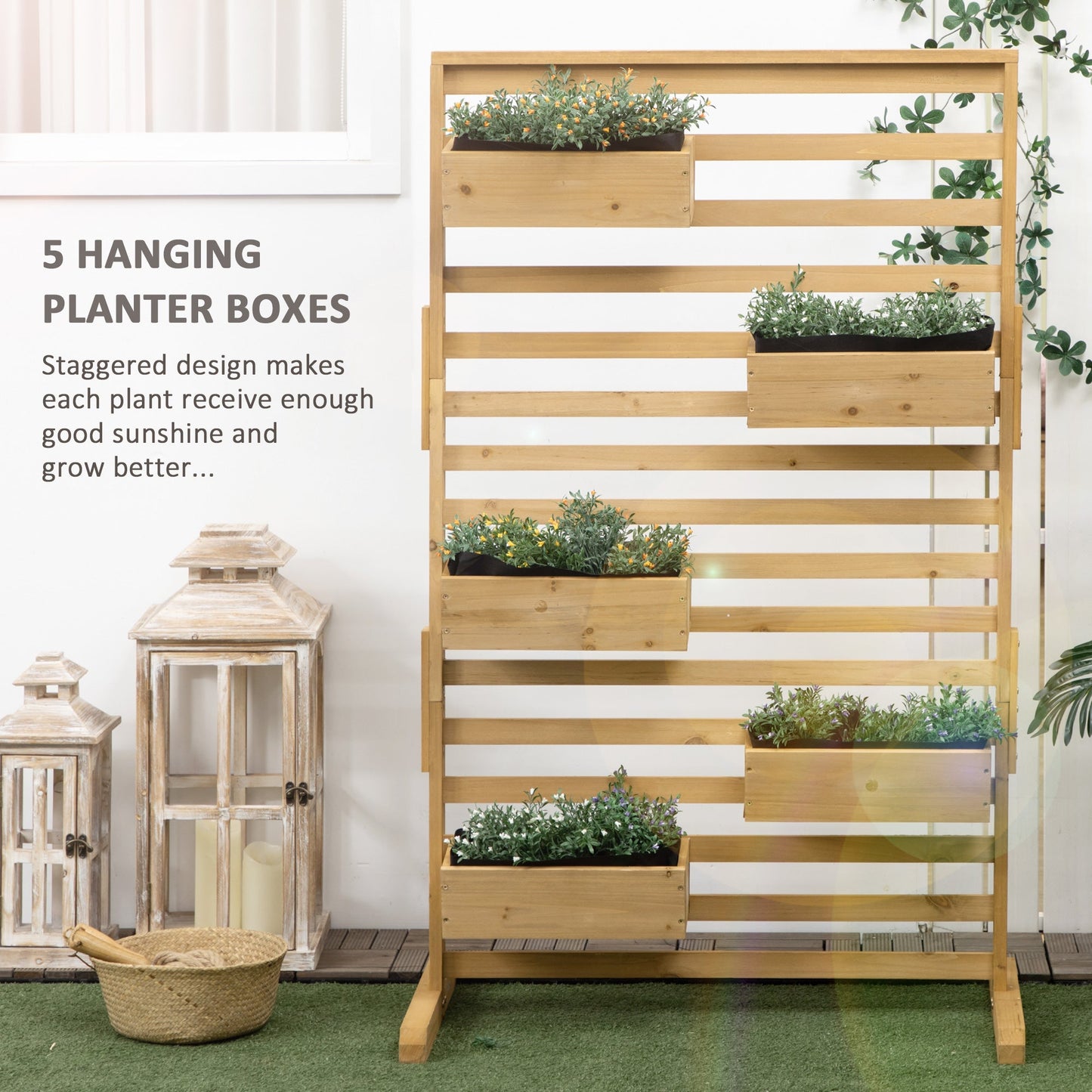 '-Outsunny Outdoor Plant Stand with 5 Hanging Flower Boxes for Climbing Plants, Freestanding Wooden Lattice for Patio, Porch - Outdoor Style Company