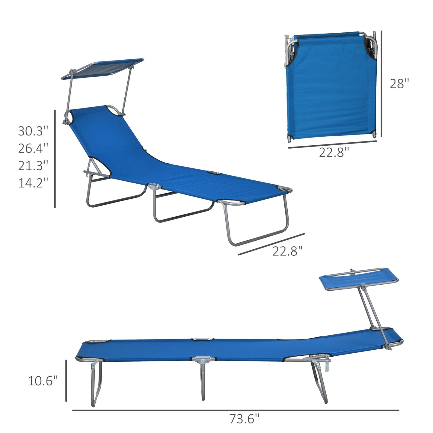-Outsunny Outdoor Pool Chaise Lounge Chair, Folding Tanning Chair with Sun Shade, Blue - Outdoor Style Company