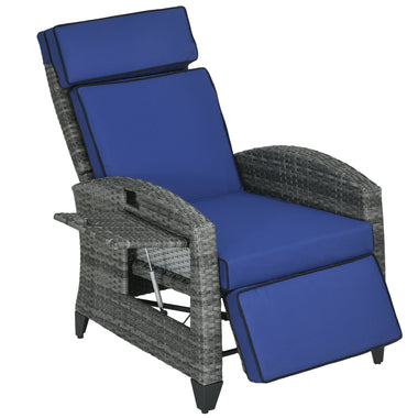 -Outsunny Outdoor Recliner Chair with Adjustable Backrest, Cushion, Side Tray, Dark Blue - Outdoor Style Company