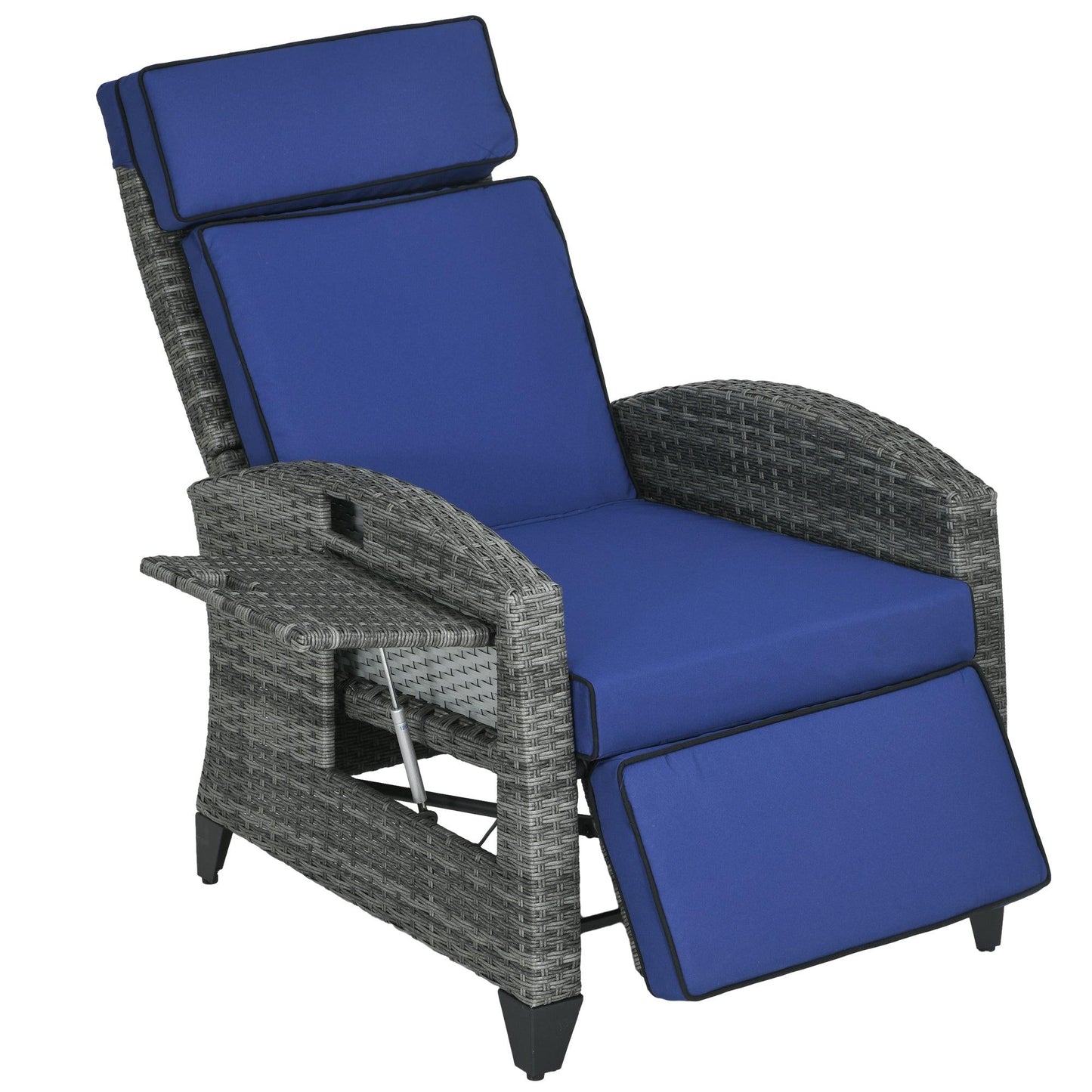 '-Outsunny Outdoor Recliner Chair with Adjustable Backrest, Cushion, Side Tray, Dark Blue - Outdoor Style Company