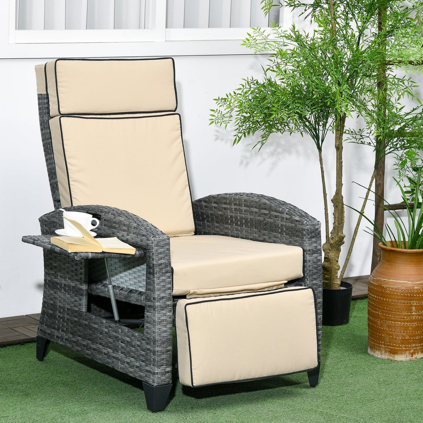 '-Outsunny Outdoor Recliner Chair with Adjustable Backrest, Cushion, Side Tray, Khaki - Outdoor Style Company