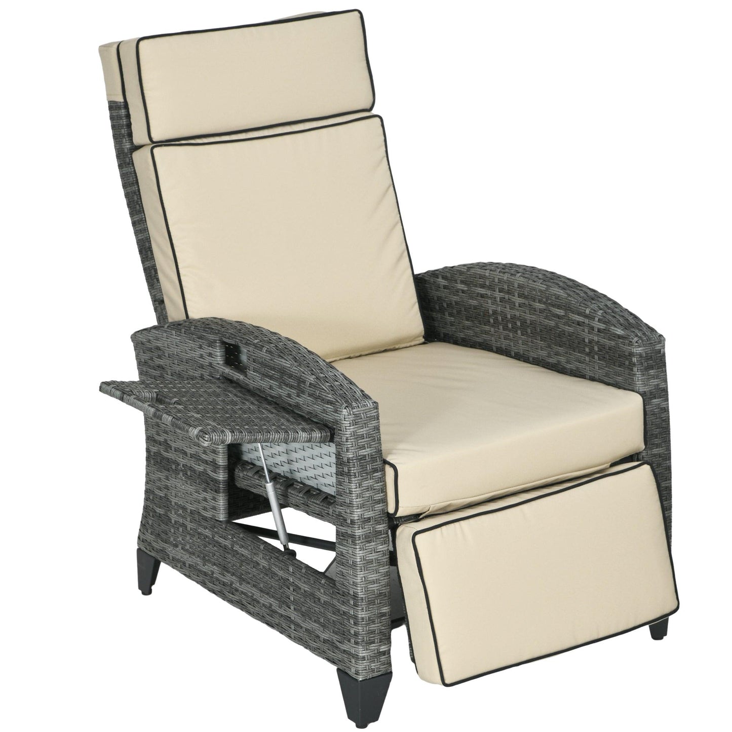 '-Outsunny Outdoor Recliner Chair with Adjustable Backrest, Cushion, Side Tray, Khaki - Outdoor Style Company