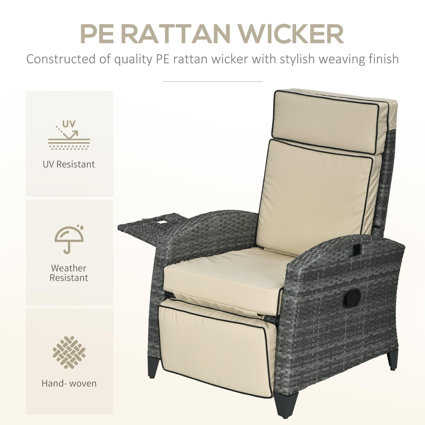 '-Outsunny Outdoor Recliner Chair with Adjustable Backrest, Cushion, Side Tray, Khaki - Outdoor Style Company