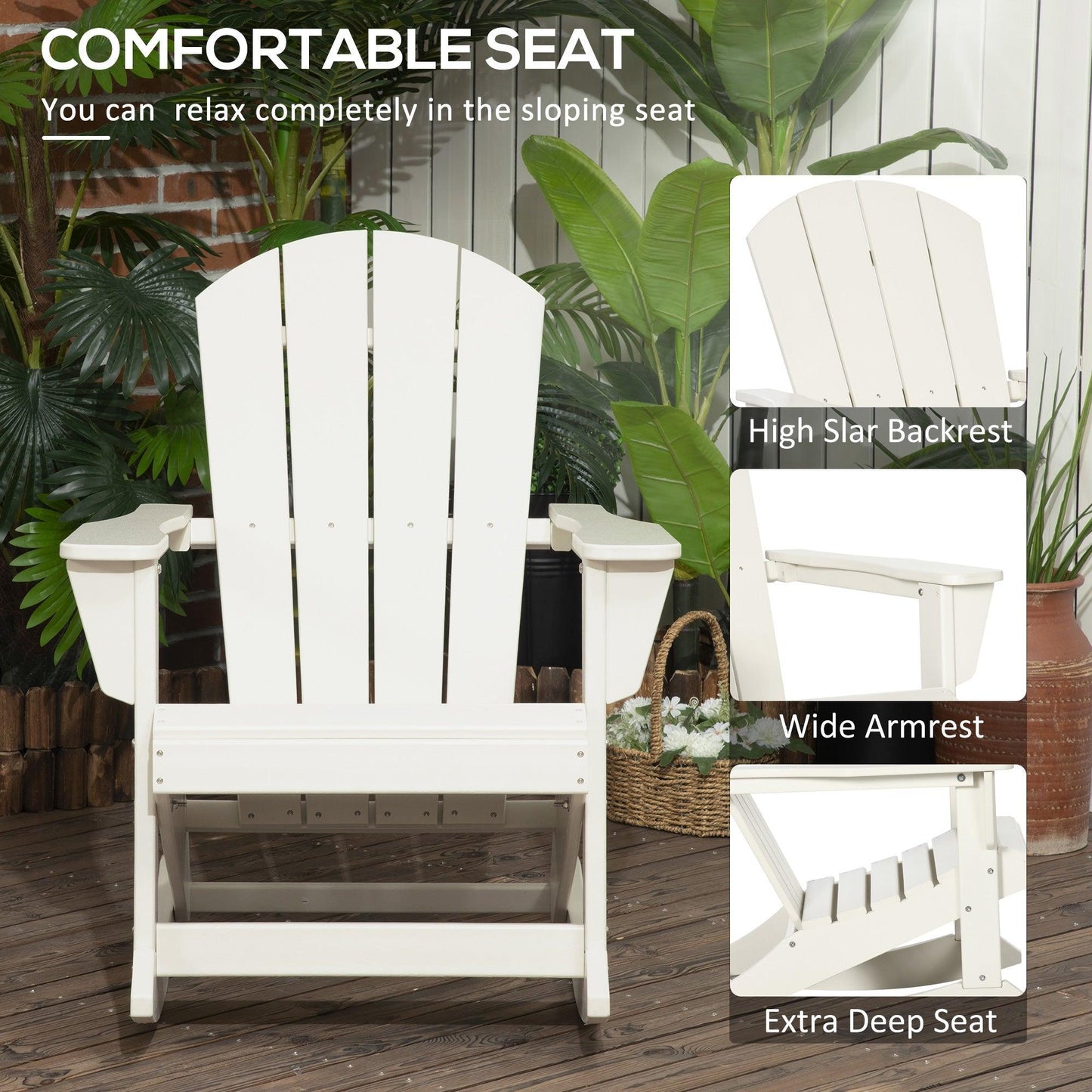 '-Outsunny Outdoor Rocking Chair, HDPE Adirondack Style Rocker Chair for Porch, Garden, Patio, White - Outdoor Style Company