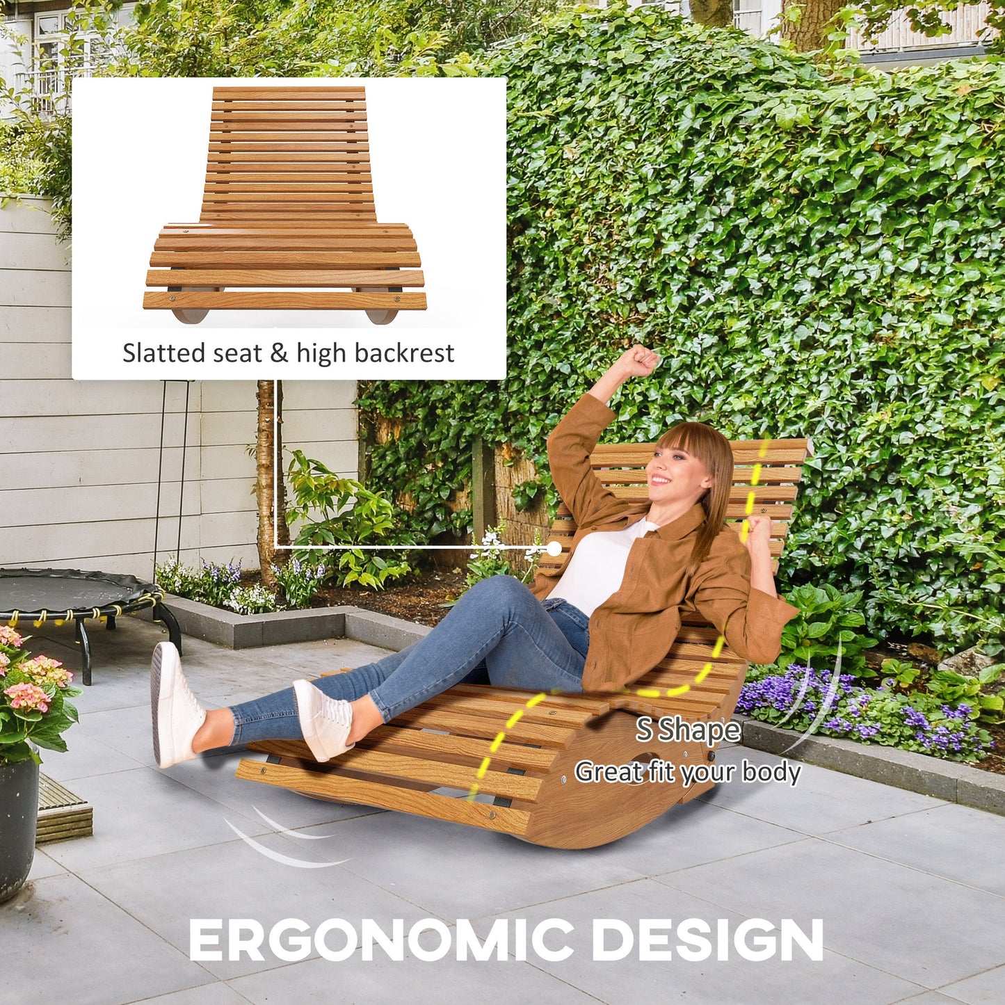 '-Outsunny Outdoor Rocking Chair w/ Slatted Seat, Wooden Rocking Chair, 51.25" x 23.5" x 23.5", Teak - Outdoor Style Company