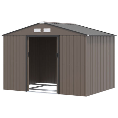 -Outsunny Outdoor Shed Garden Storage Shed, Tool Storage Building with 4 Vents and 2 Sliding Doors for Garden Patio Lawn, 9' x 6', Brown - Outdoor Style Company