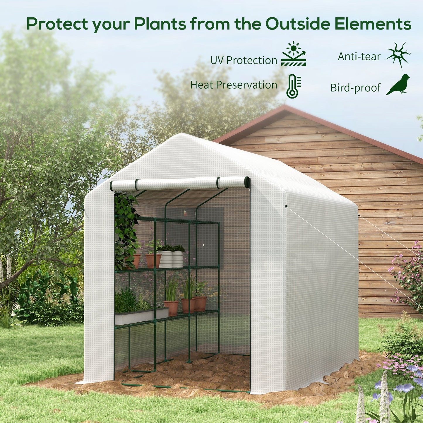 '-Outsunny Outdoor Walk-in Greenhouse with Roll-up Zipper Door, Hot House with Shelves, PE Cover, 95.25" x 70.75" x 82.75", White - Outdoor Style Company