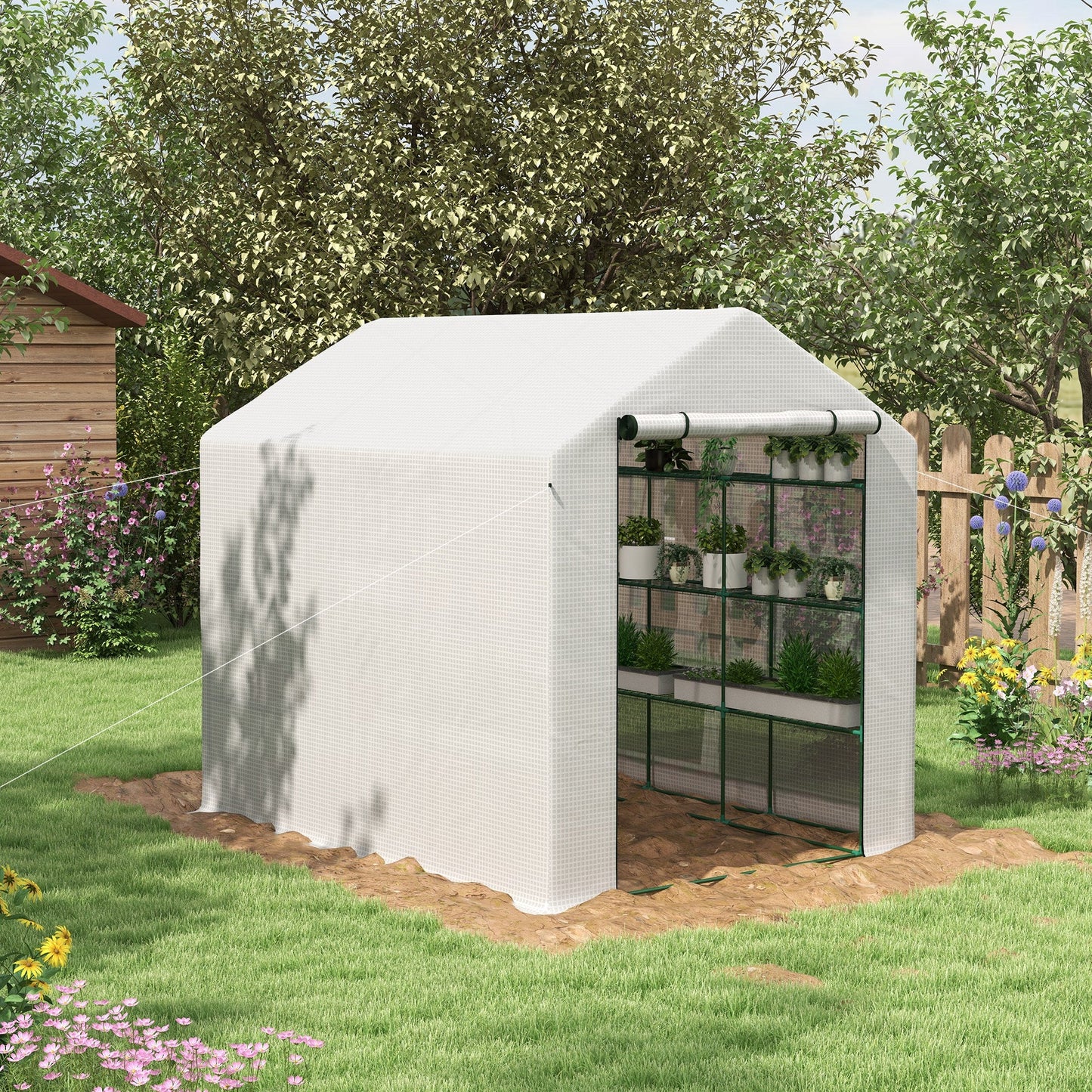 '-Outsunny Outdoor Walk-in Greenhouse with Roll-up Zipper Door, Hot House with Shelves, PE Cover, 95.25" x 70.75" x 82.75", White - Outdoor Style Company