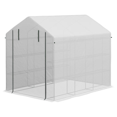 -Outsunny Outdoor Walk-in Greenhouse with Roll-up Zipper Door, Hot House with Shelves, PE Cover, 95.25" x 70.75" x 82.75", White - Outdoor Style Company
