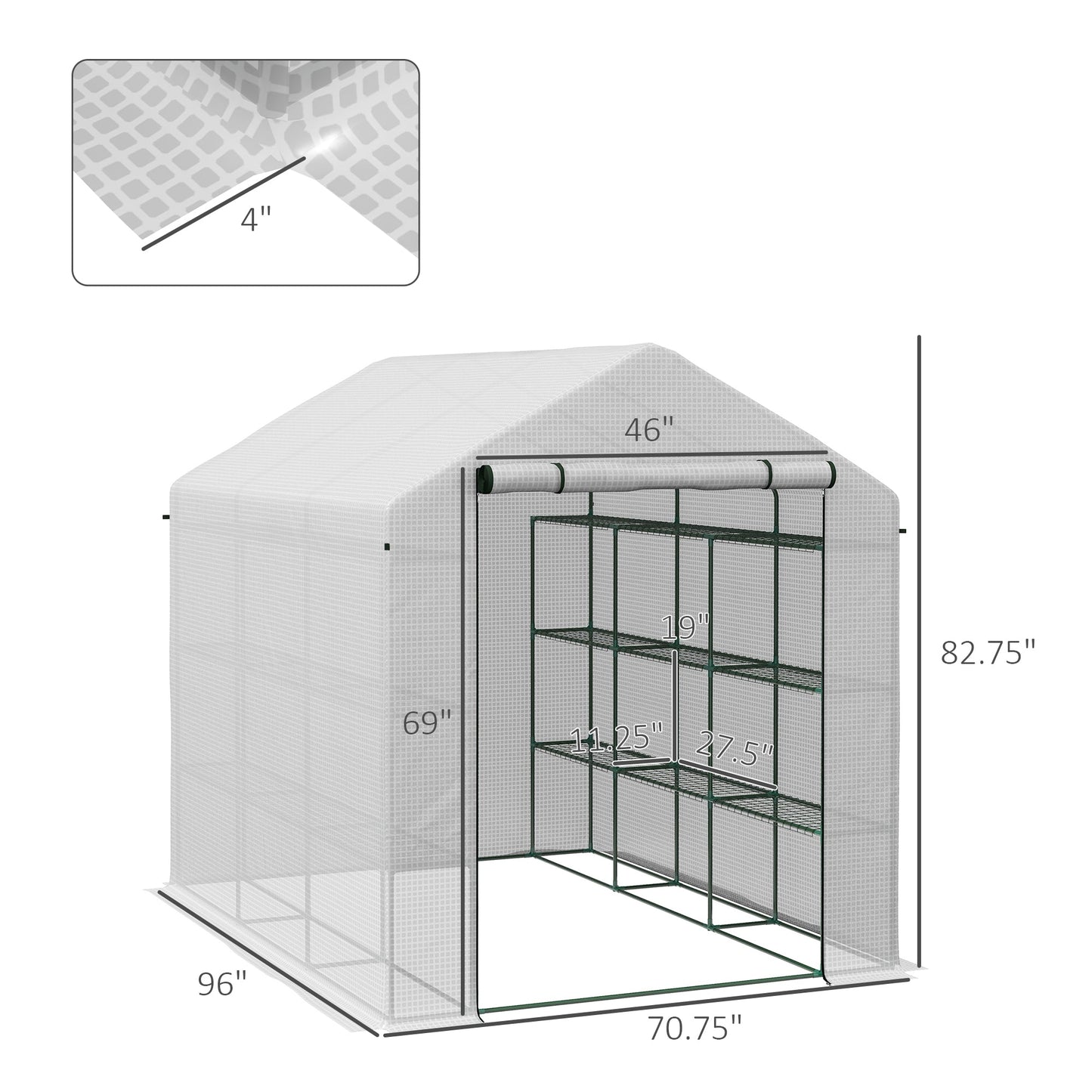 '-Outsunny Outdoor Walk-in Greenhouse with Roll-up Zipper Door, Hot House with Shelves, PE Cover, 95.25" x 70.75" x 82.75", White - Outdoor Style Company