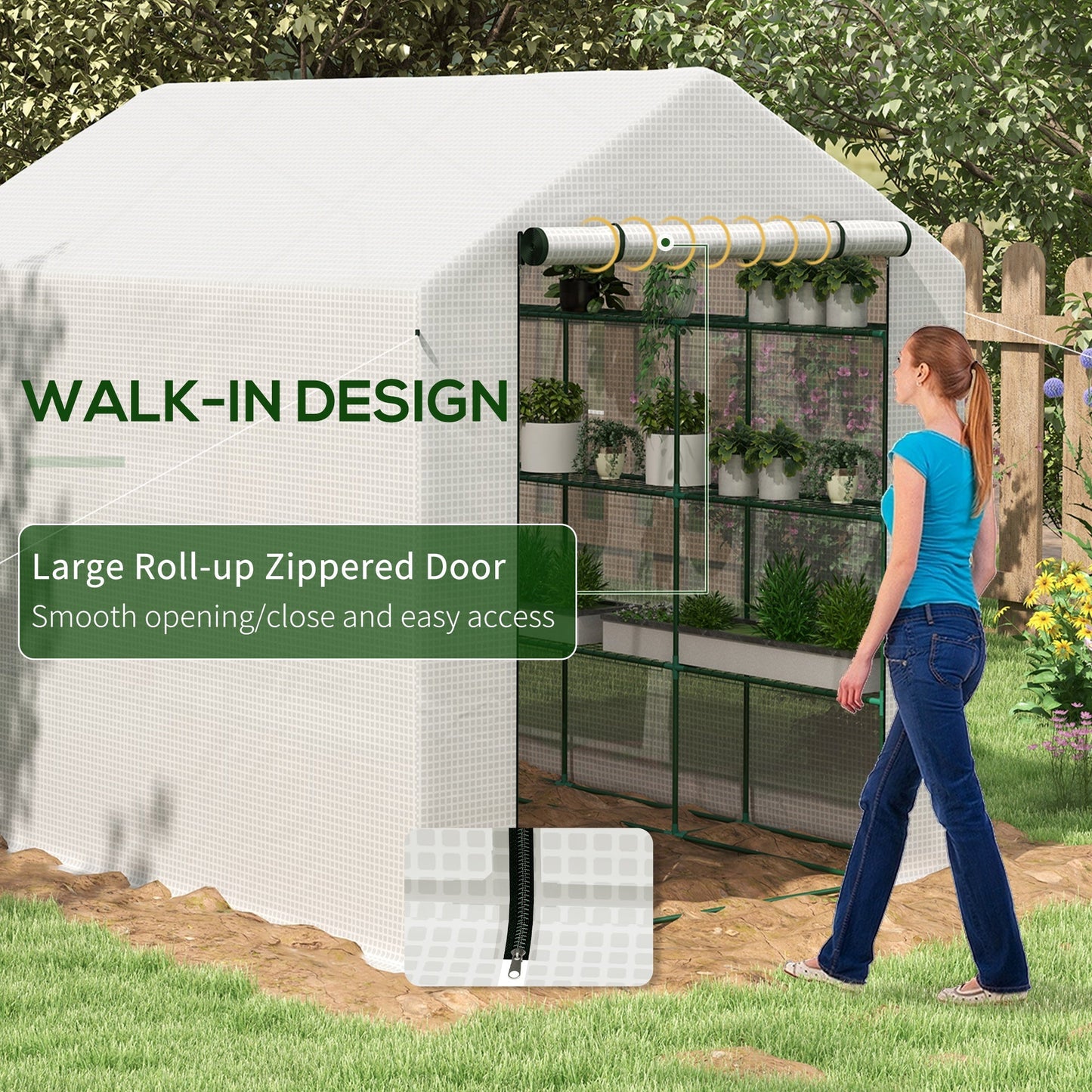 '-Outsunny Outdoor Walk-in Greenhouse with Roll-up Zipper Door, Hot House with Shelves, PE Cover, 95.25" x 70.75" x 82.75", White - Outdoor Style Company