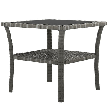 -Outsunny Outdoor Wicker Coffee Table, Rattan Patio Furniture with 2-Tier Storage Shelf , Aluminum Frame Square, Side Table w/ Tempered Glass Top, Gray - Outdoor Style Company
