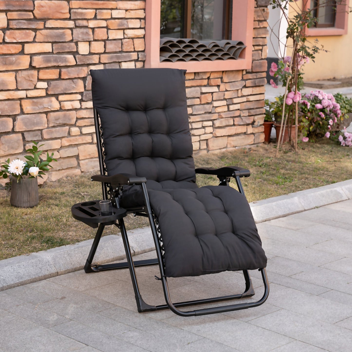 -Outsunny Padded Zero Gravity Chair, Folding Recliner Chair with Cup Holder Cushion, Black - Outdoor Style Company