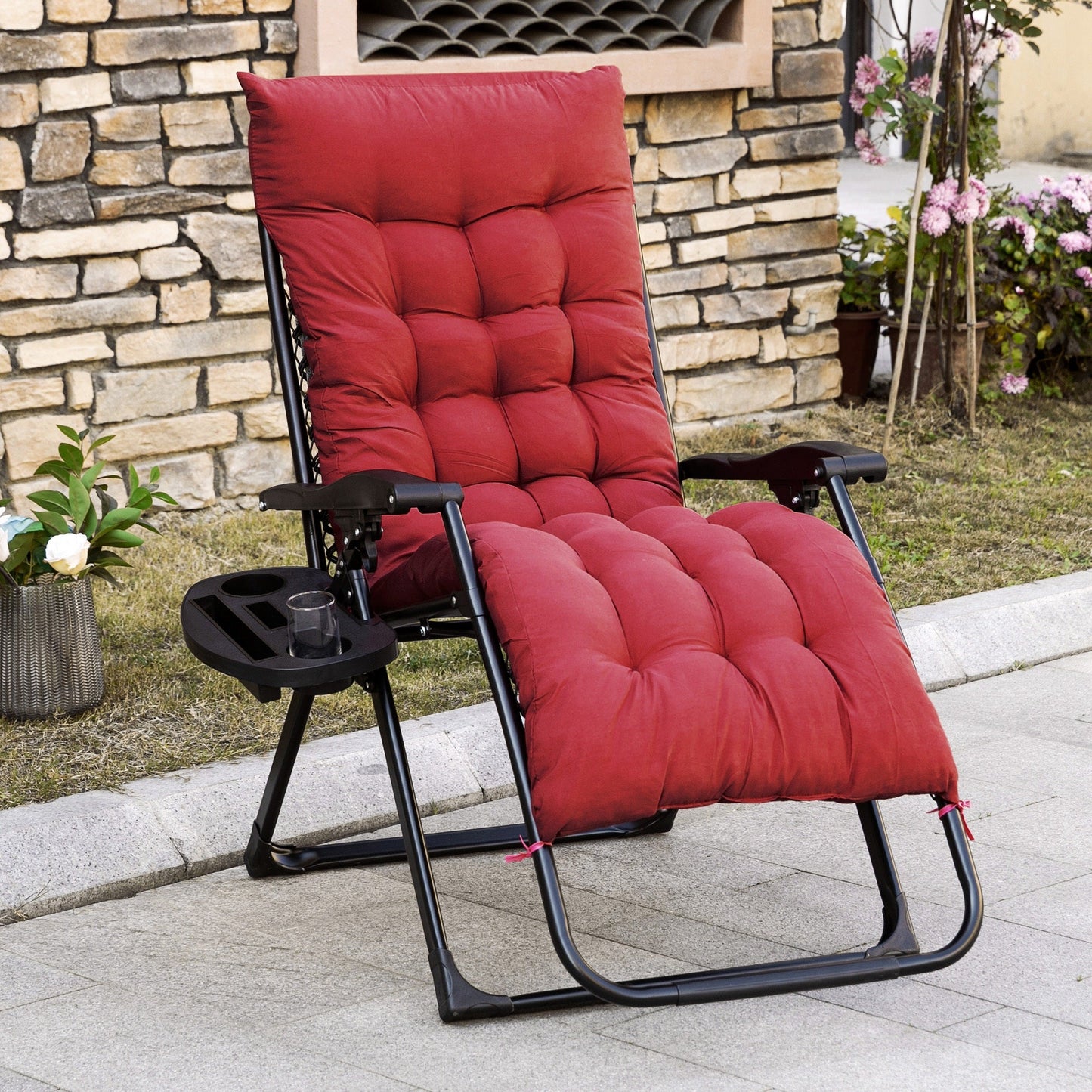 -Outsunny Padded Zero Gravity Chair, Folding Recliner Chair with Cup Holder Cushion, Red - Outdoor Style Company