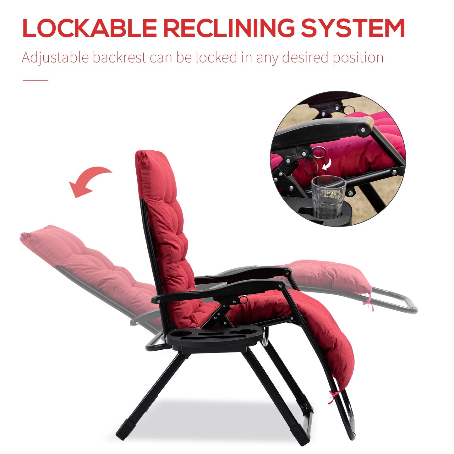 -Outsunny Padded Zero Gravity Chair, Folding Recliner Chair with Cup Holder Cushion, Red - Outdoor Style Company
