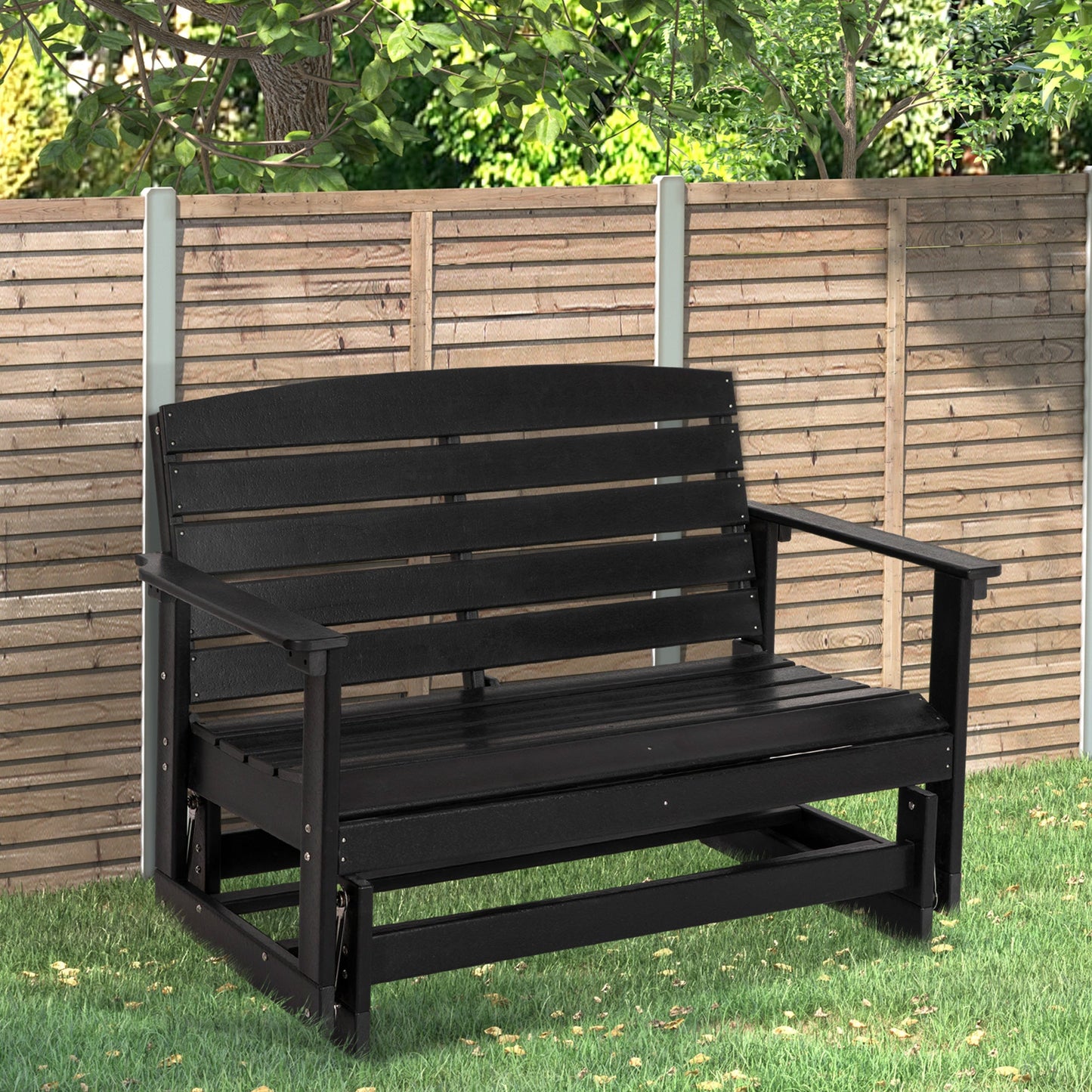 -Outsunny Patio Glider Bench w/ HDPE Slatted Double Rocking Chair, Black - Outdoor Style Company