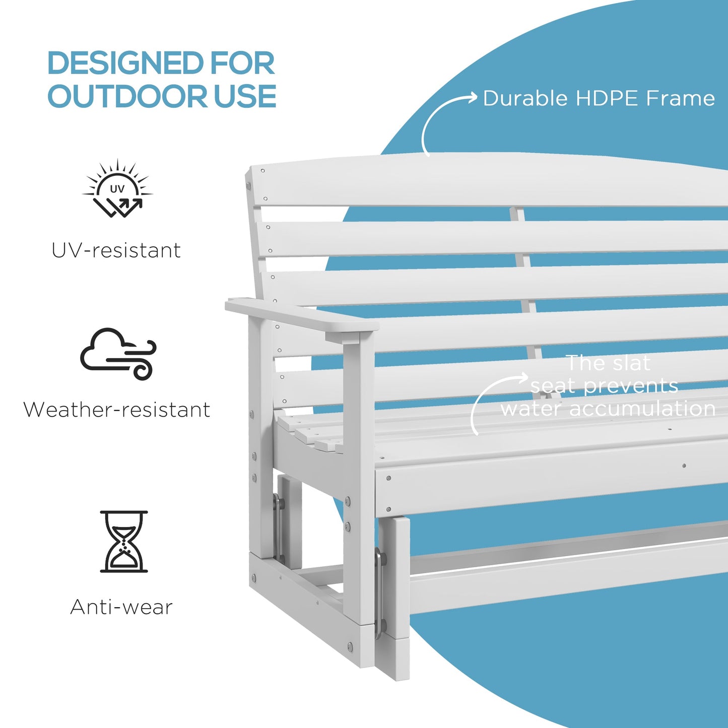 -Outsunny Patio Glider Bench w/ HDPE Slatted Double Rocking Chair, White - Outdoor Style Company