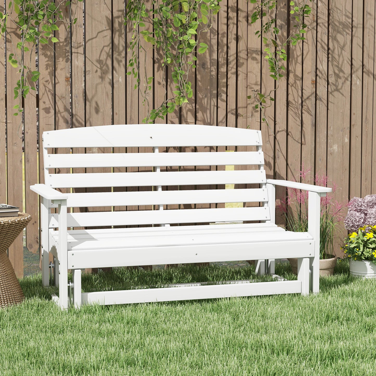 -Outsunny Patio Glider Bench w/ HDPE Slatted Double Rocking Chair, White - Outdoor Style Company
