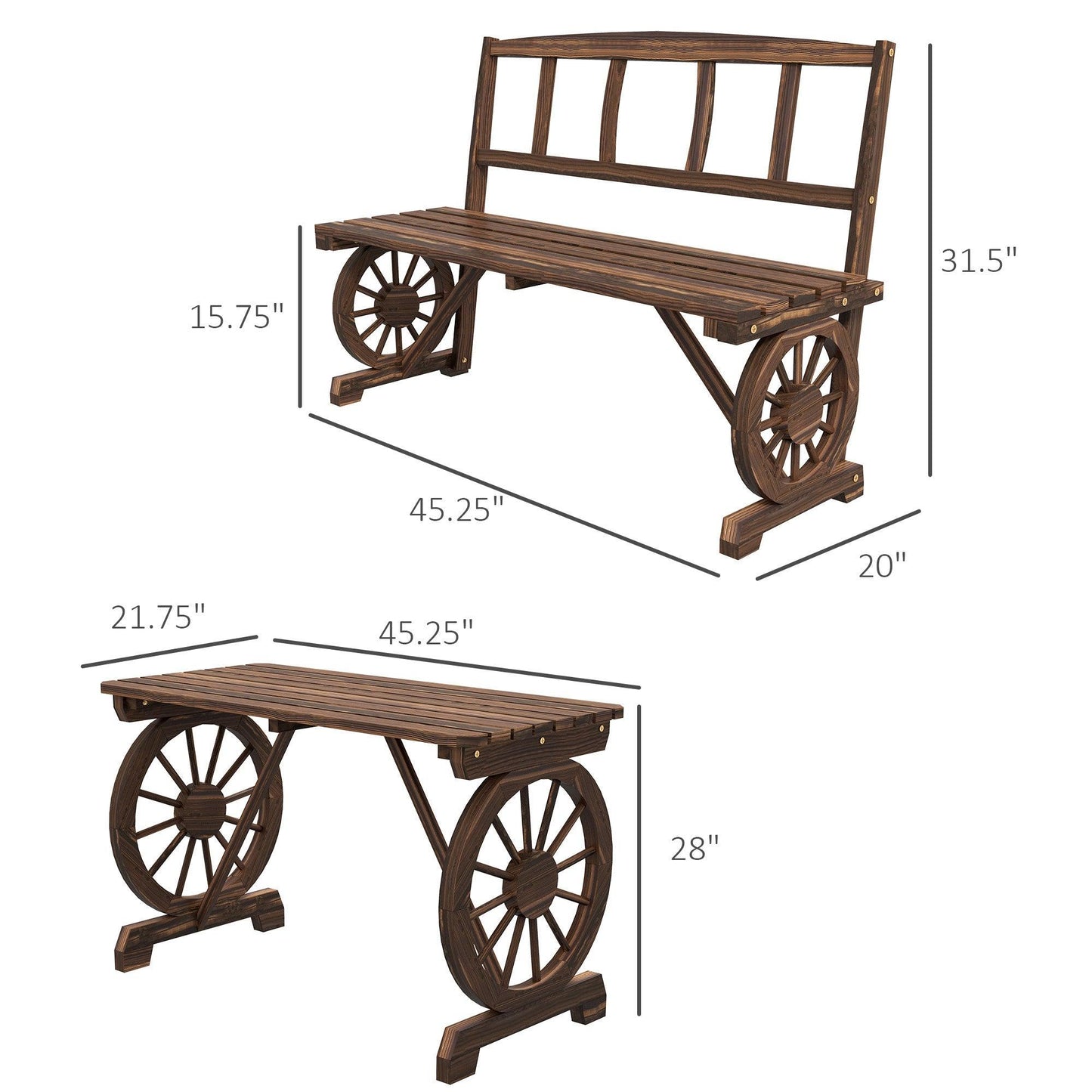 '-Outsunny Patio Table and Chairs for 4 People Carriage Wheels Design Outdoor Furniture Set w/ for Backyard Garden, Carbonized - Outdoor Style Company