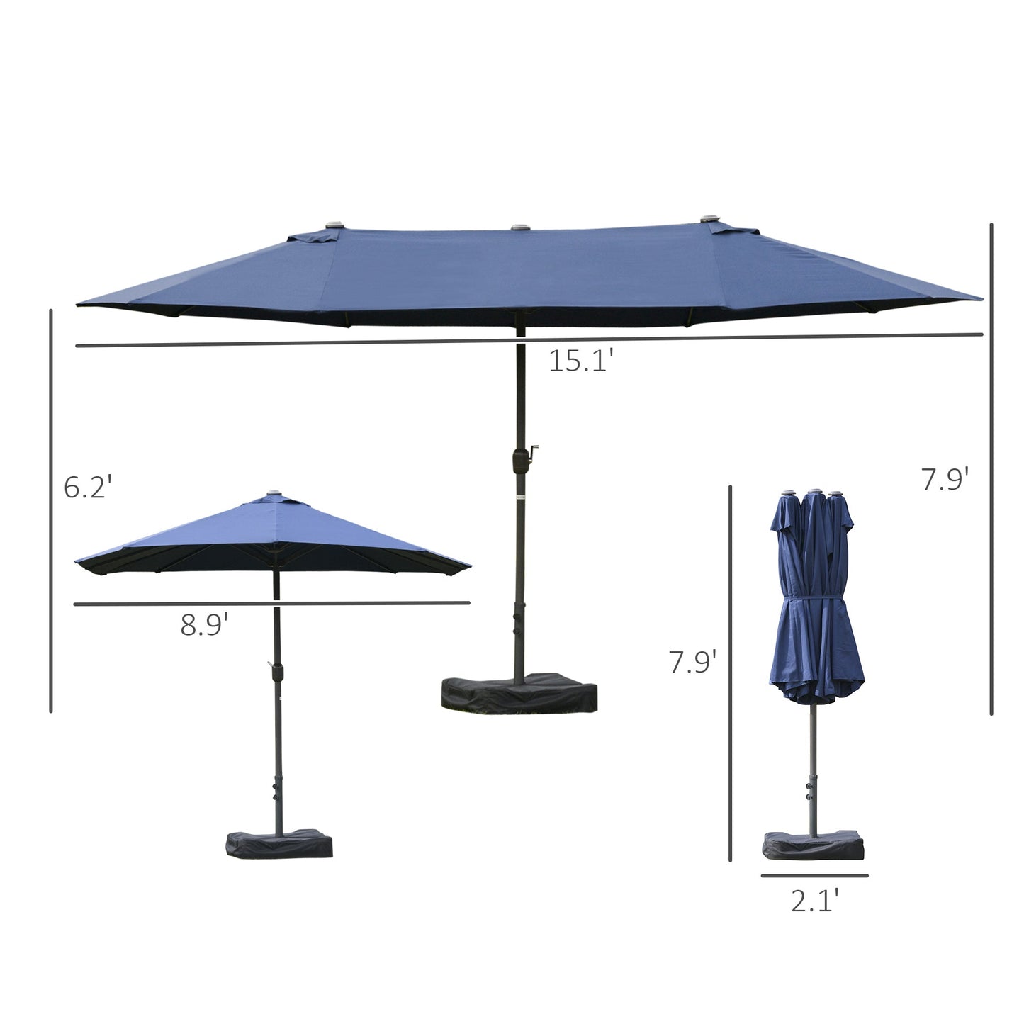 '-Outsunny Patio Umbrella 15' Steel Rectangular Outdoor Double Sided Market with base, UV Sun Protection & Easy Crank for Deck Pool Patio, Dark Blue - Outdoor Style Company