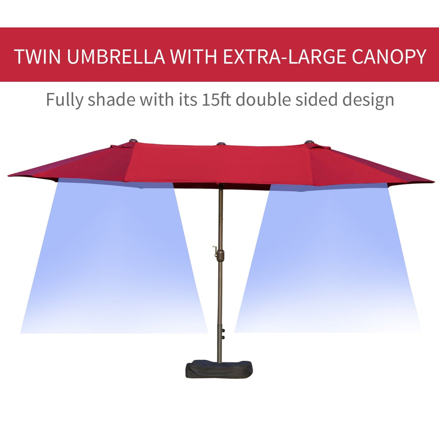 '-Outsunny Patio Umbrella 15' Steel Rectangular Outdoor Double Sided Market with base, UV Sun Protection & Easy Crank for Deck Pool Patio, Wine Red - Outdoor Style Company