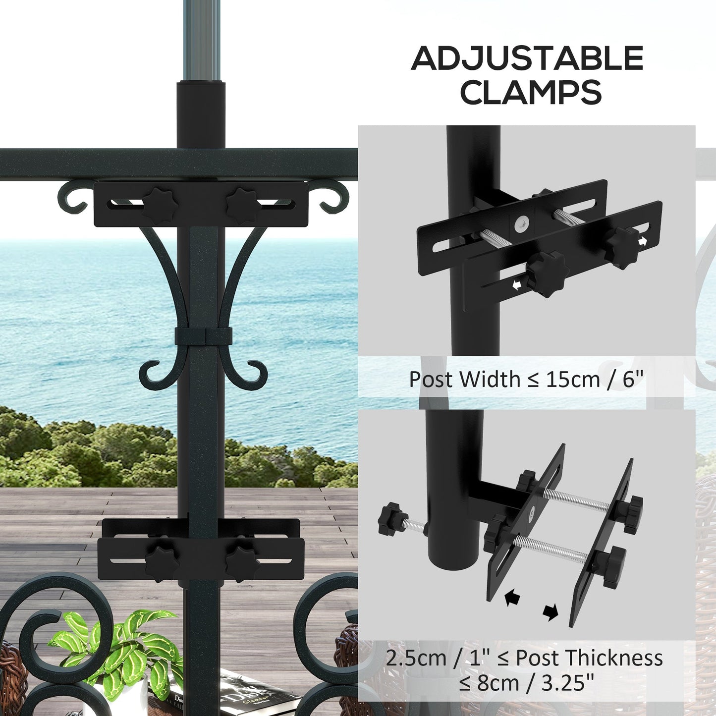 '-Outsunny Patio Umbrella Holder Stand for Deck Railing, Umbrella Deck Mount Bracket with Adjustable Clamps, Black - Outdoor Style Company