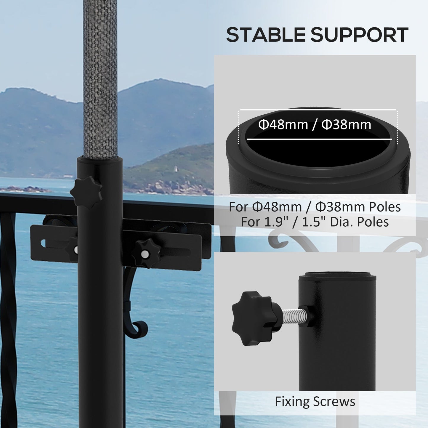 '-Outsunny Patio Umbrella Holder Stand for Deck Railing, Umbrella Deck Mount Bracket with Adjustable Clamps, Black - Outdoor Style Company