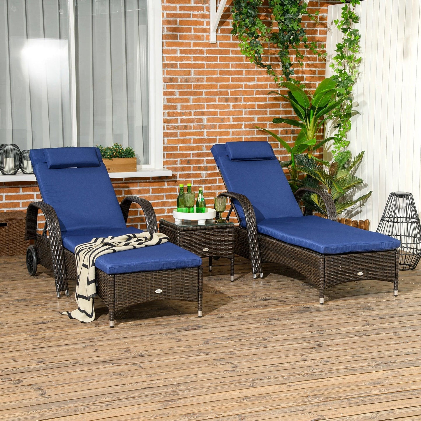 '-Outsunny Patio Wicker Chaise Lounge Chair Set of 2 with Table, 5-Level Adjustable Backrest, Wheels, Cushion & Headrest, Blue - Outdoor Style Company